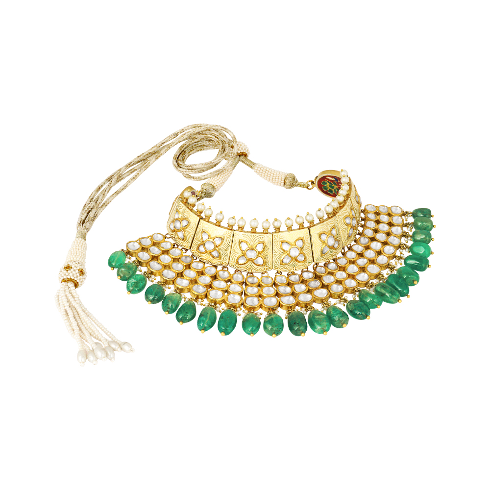 Ivory Enamel Polki Necklace with Pearls and Emerald Drop